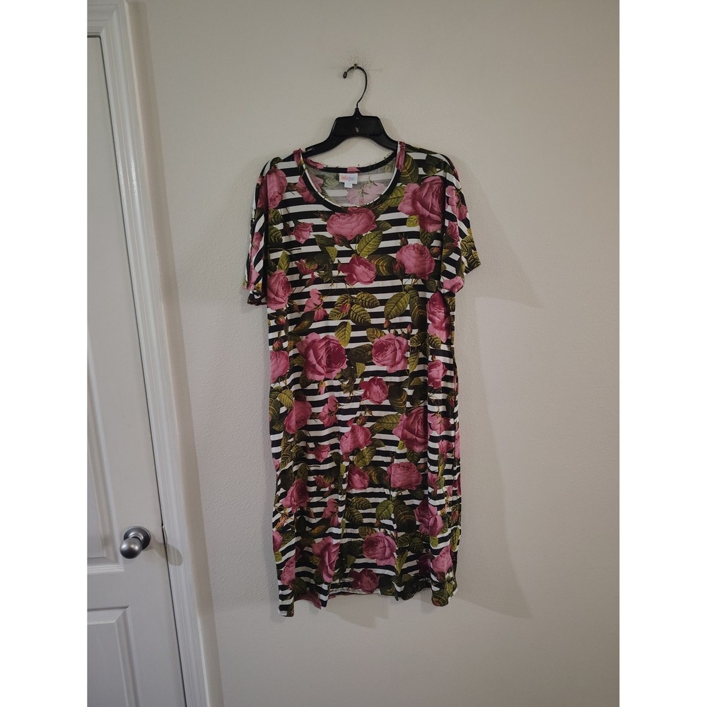 LuLaRoe‎ Julia Dress Womens 2XL Floral Rose Black White Stripe Short Sleeve Knit